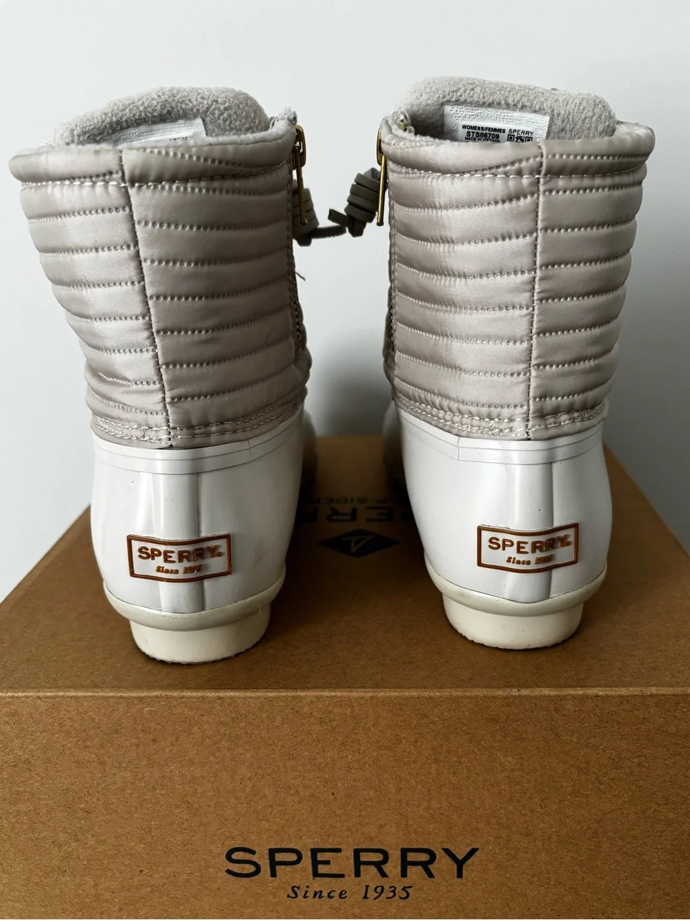 Sperry Quilted Lace-Up Waterproof Rain Boots in Ivory & Taupe with Gold Hardware